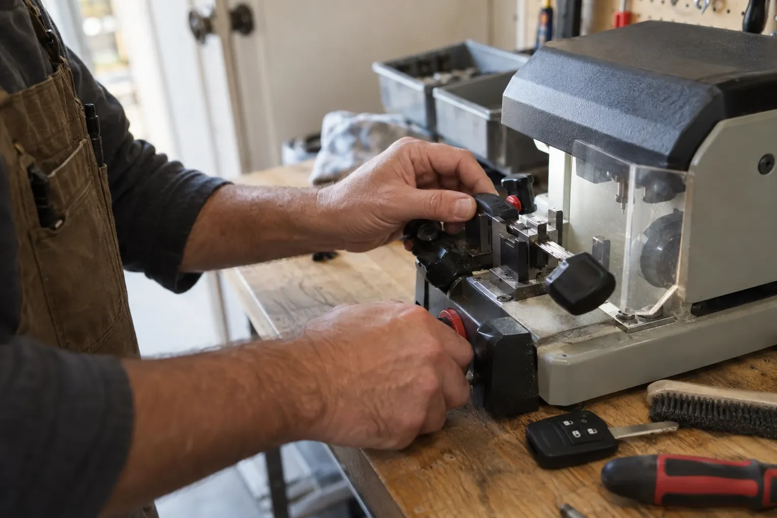 Hands clamping a key blank in a key-cutting machine on a wooden bench, with a car remote, screwdriver and wire brush nearby.