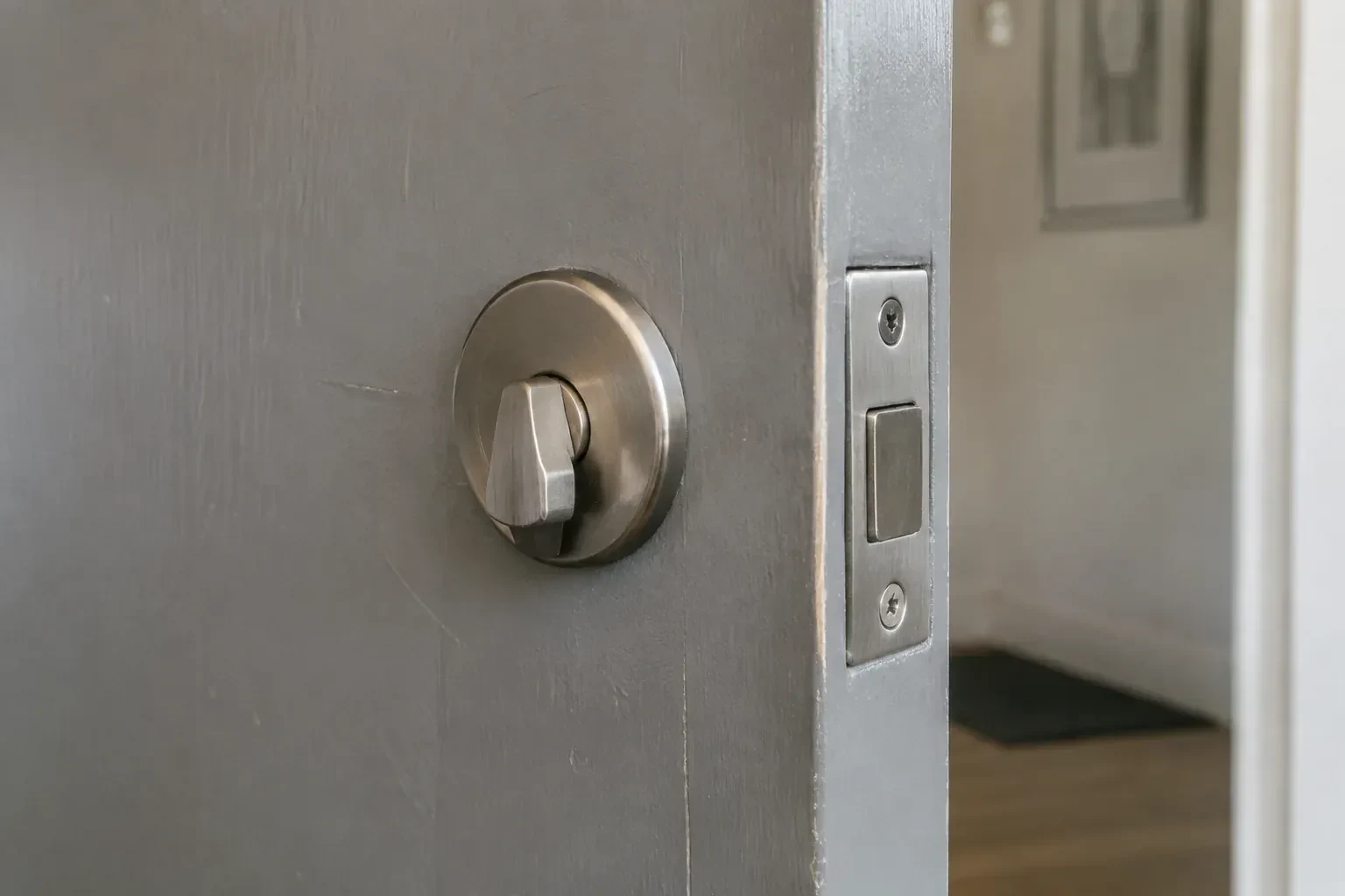 Close view of a satin-nickel deadbolt thumbturn and edge faceplate on a painted timber door. — Deadbolt Installation, Toronto