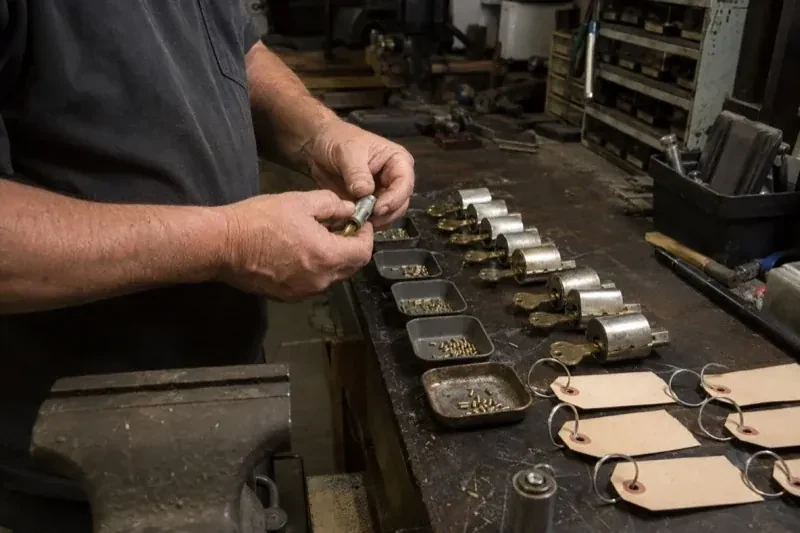 Person handling a lock cylinder at a workbench lined with cylinders, keys, small pin trays and blank key tags. — Commercial Rekeying, Toronto