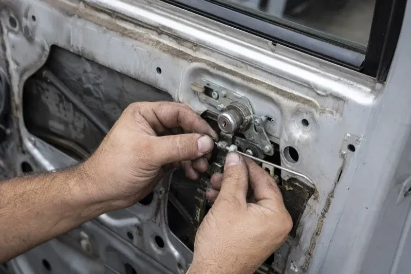Hands holding a small linkage beside an exposed car-door lock mechanism with the interior trim removed. — Vehicle Lock Repair, Toronto