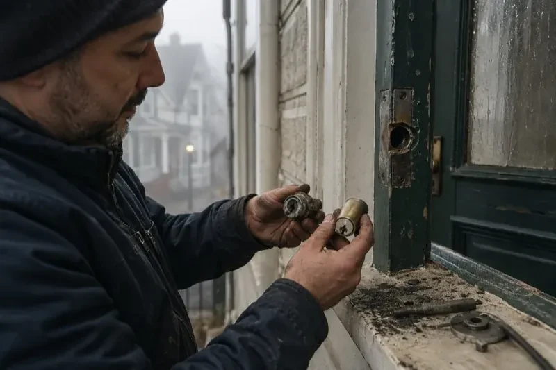 Person holding two lock cylinders beside an open painted door, with loose hardware and debris on the sill. — Seized & Jammed Lock Opening, Downsview
