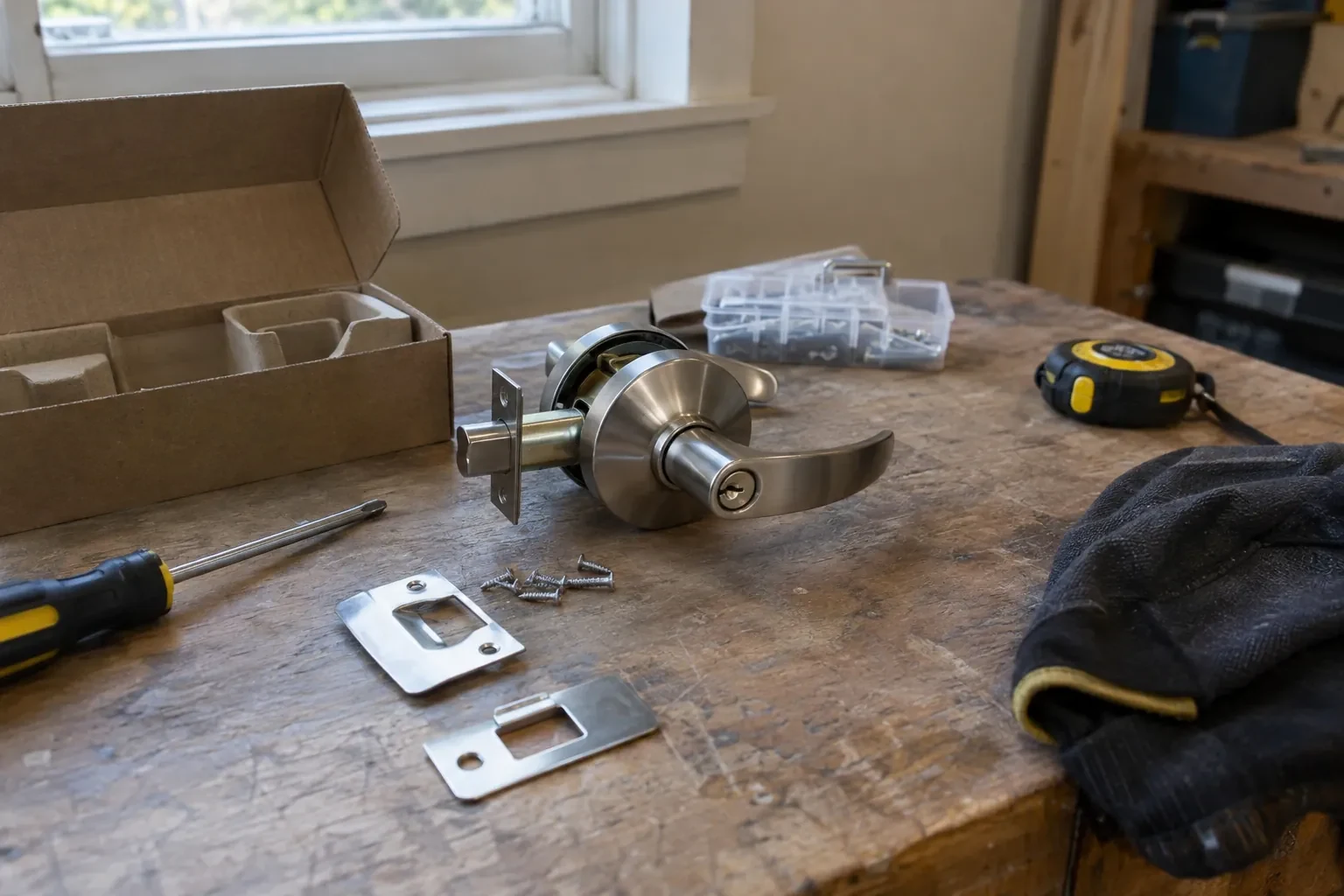 Steel lever handle lockset with two strike plates, loose screws, a screwdriver and an open box on a wooden bench.