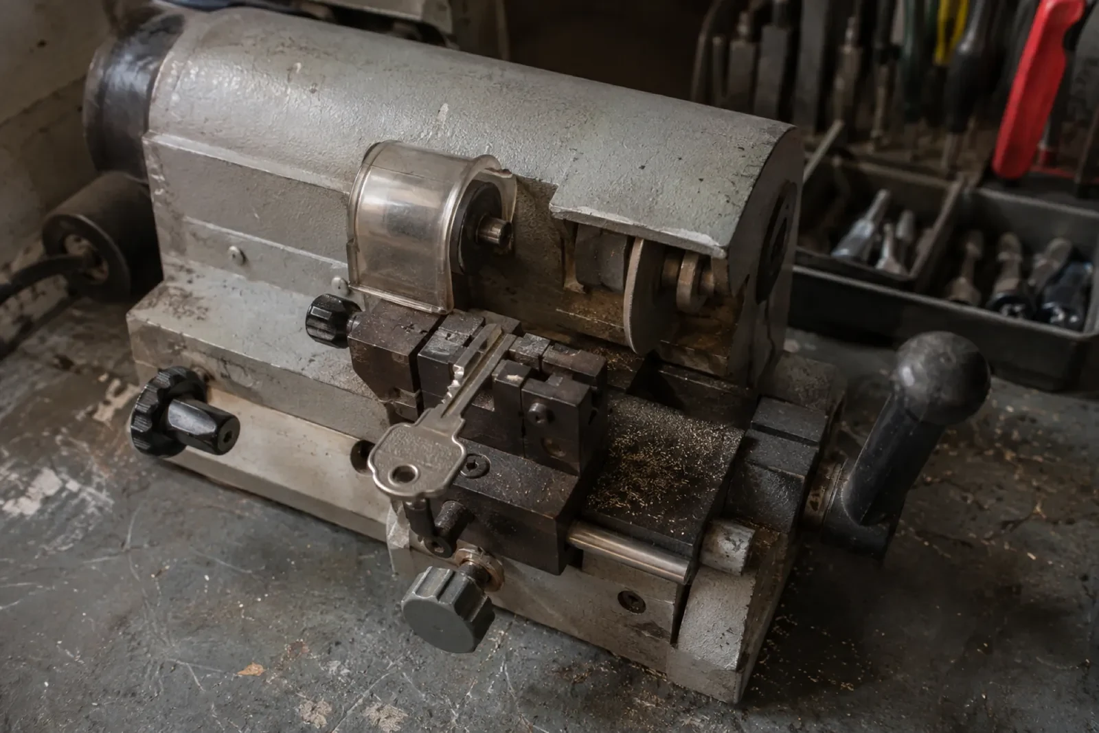 Metal key-cutting machine with a key clamped in its vise, a clear guard over the cutter and a black handle. — Toronto