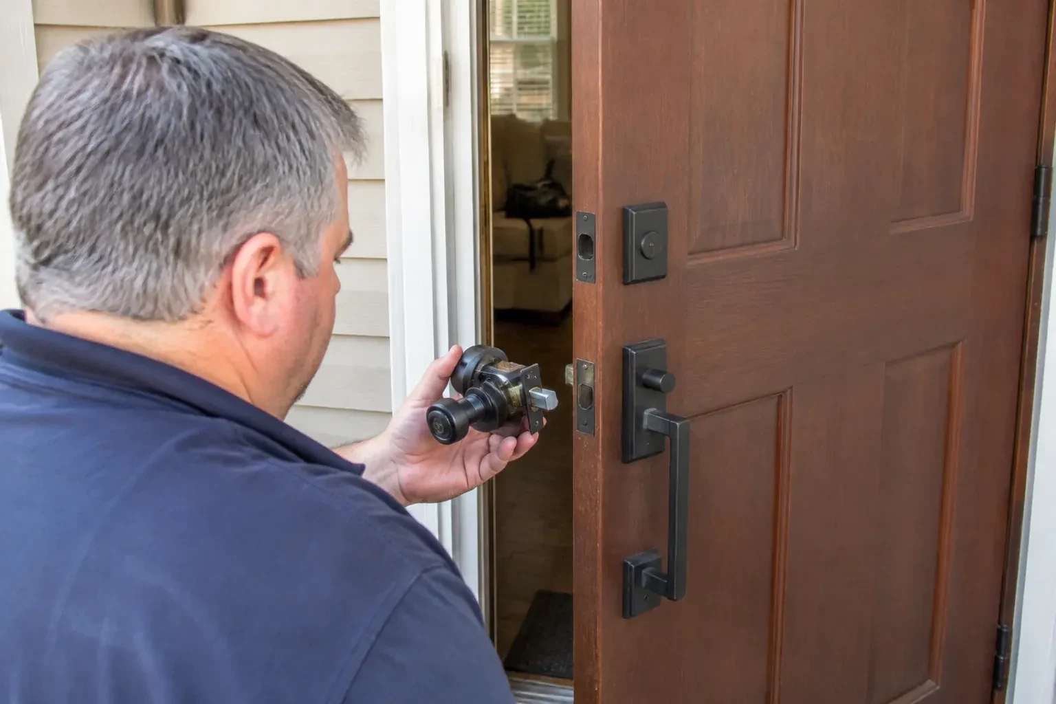 Person holding a removed black lock assembly beside a partly open brown front door with a long black pull handle. — Home Lockout Service, Toronto