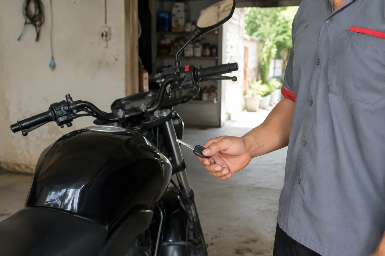 Technician holding a black-headed key beside a parked motorcycle. — Motorcycle & Scooter Keys, Toronto